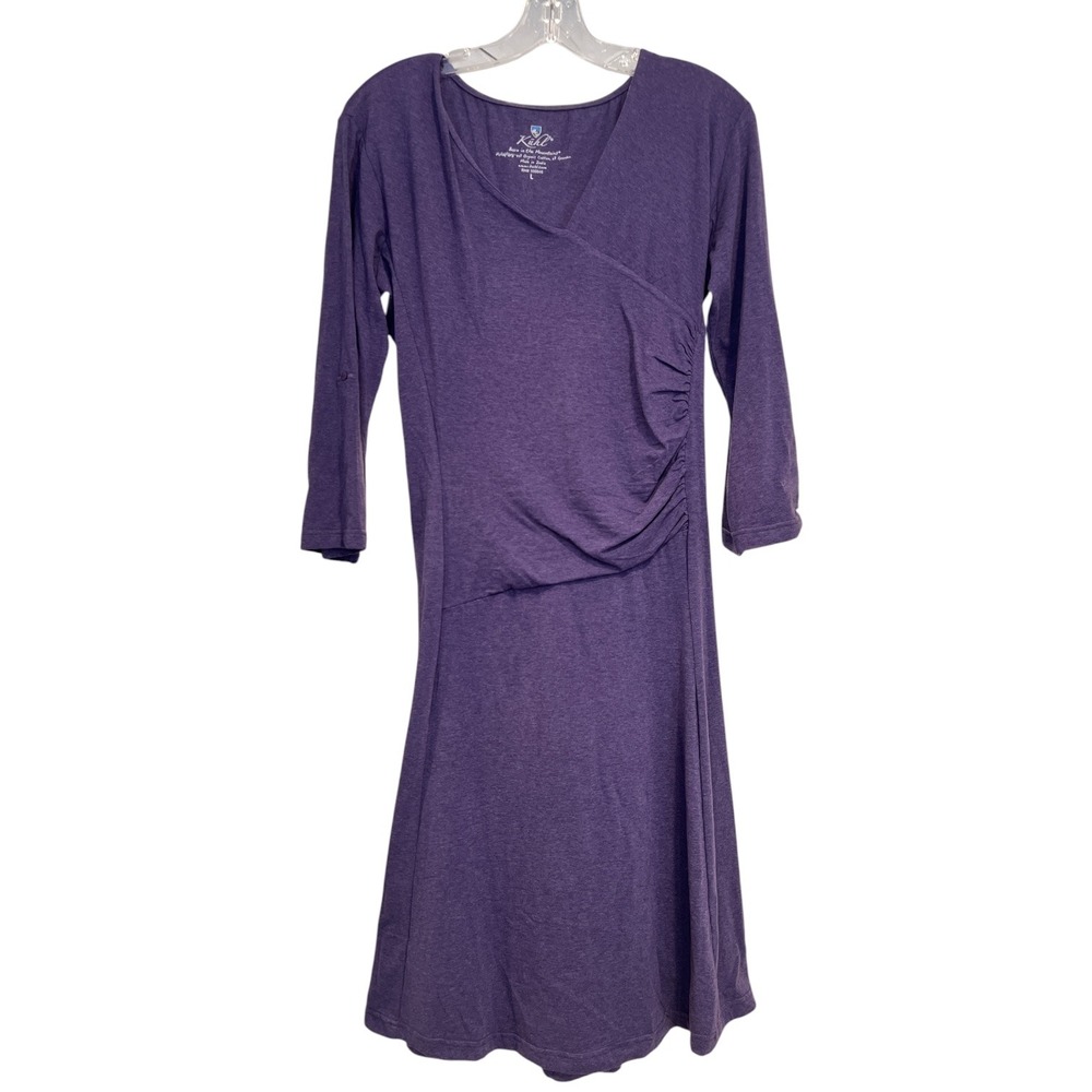KÜHL Organic Cotton Midi Dress Large Faux Wrap Ruched Roll Tab Outdoor Travel - Picture 3 of 9